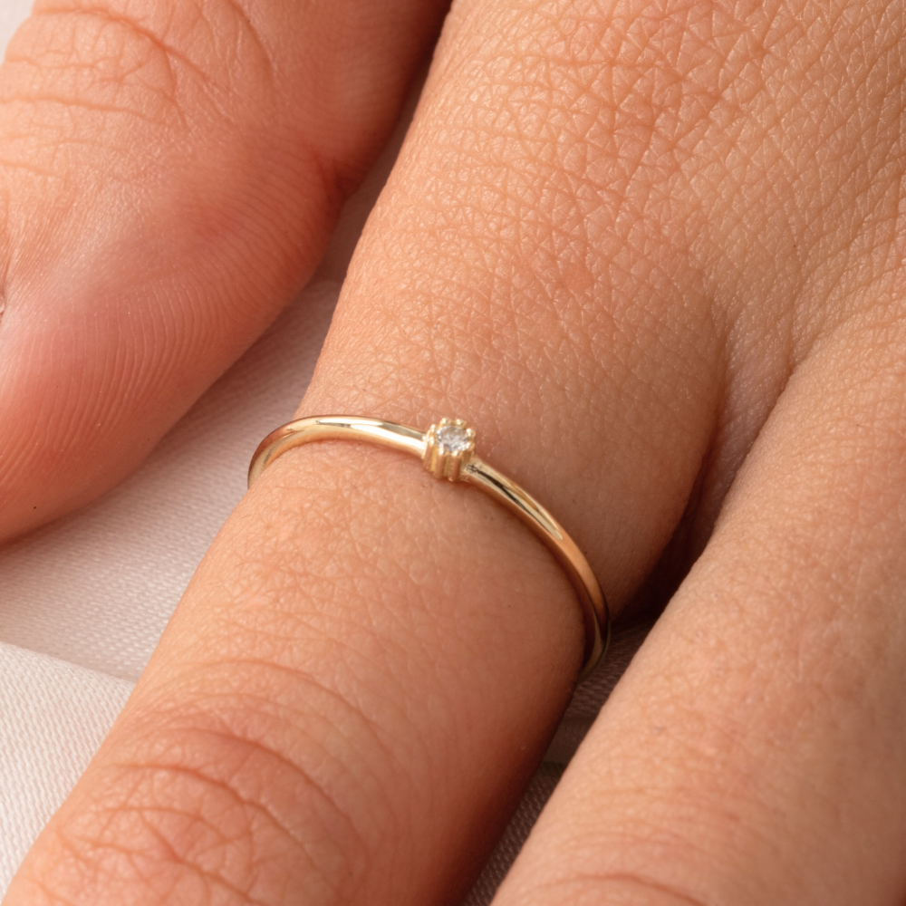 FasekGoldYÜZÜKLER0,05 CT Pırlanta (Signity) Taşlı Minimal İnce Tel 14 Ayar Altın Yüzük-Minimal Tektaş Altın Yüzük
