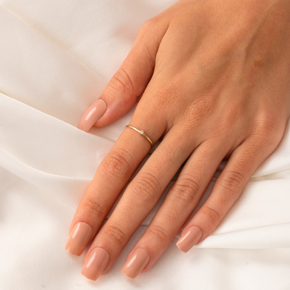 FasekGoldYÜZÜKLER0,05 CT Pırlanta (Signity) Taşlı Minimal İnce Tel 14 Ayar Altın Yüzük-Minimal Tektaş Altın Yüzük