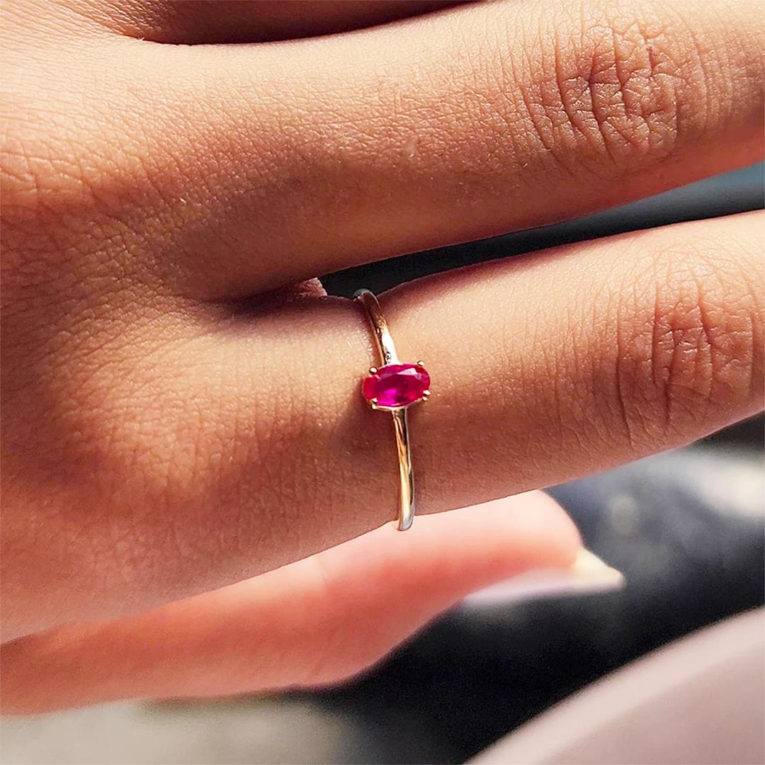 FasekGoldYÜZÜKLERMinimal Altın Yüzük - 14 Ayar Altın Oval Ruby Taşlı Minimal Tek Taş Yüzük - Tektaş Altın Yüzük