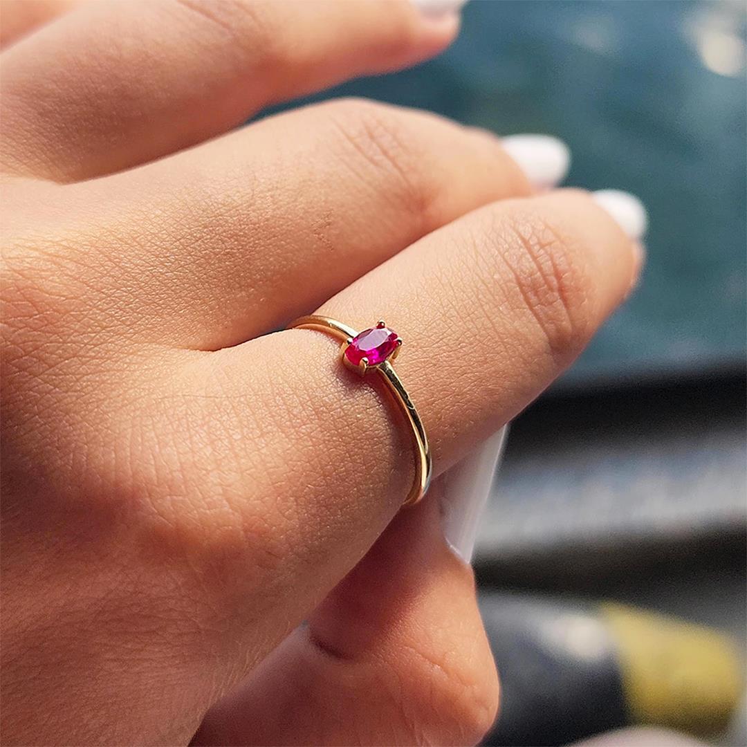 FasekGoldYÜZÜKLERMinimal Altın Yüzük - 14 Ayar Altın Oval Ruby Taşlı Minimal Tek Taş Yüzük - Tektaş Altın Yüzük