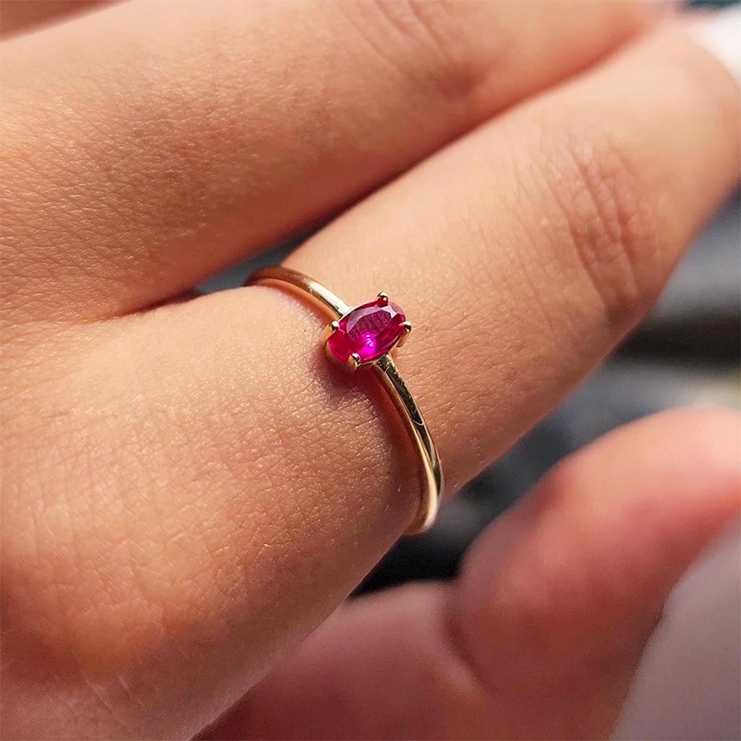 FasekGoldYÜZÜKLERMinimal Altın Yüzük - 14 Ayar Altın Oval Ruby Taşlı Minimal Tek Taş Yüzük - Tektaş Altın Yüzük