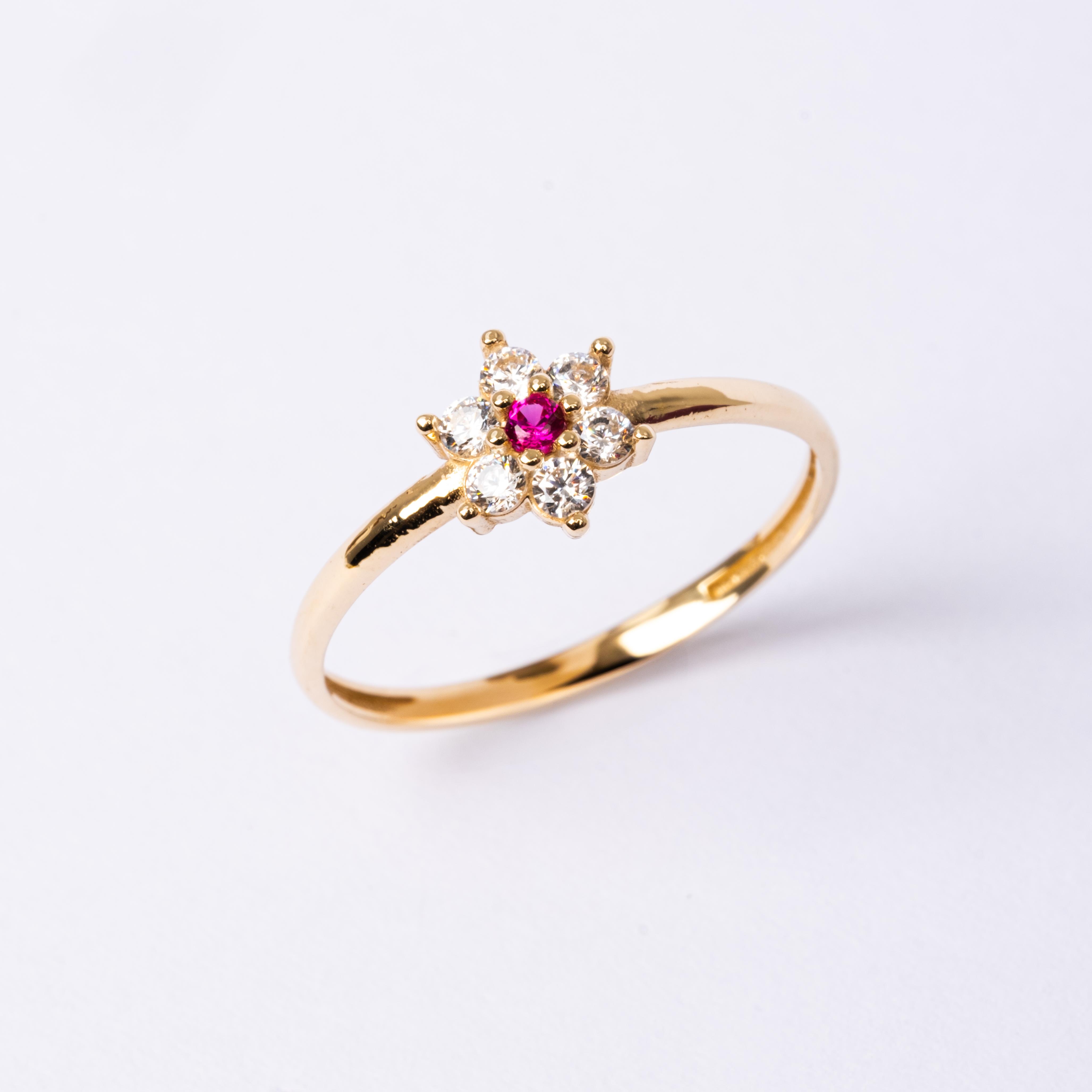 FasekGoldYÜZÜKLERMinimal Altın Yüzük - 14 Ayar Altın Papatya Ruby Taşlı Minimal Yüzük - Hediyelik Altın Yüzük