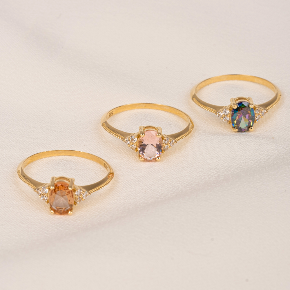 FasekGoldGÜMÜŞOval Kesim Pembe Safir Yan Zirkon Taşlı Tektaş Modern 925 Ayar Gümüş Kadın Yüzük Günlük-Hediyelik