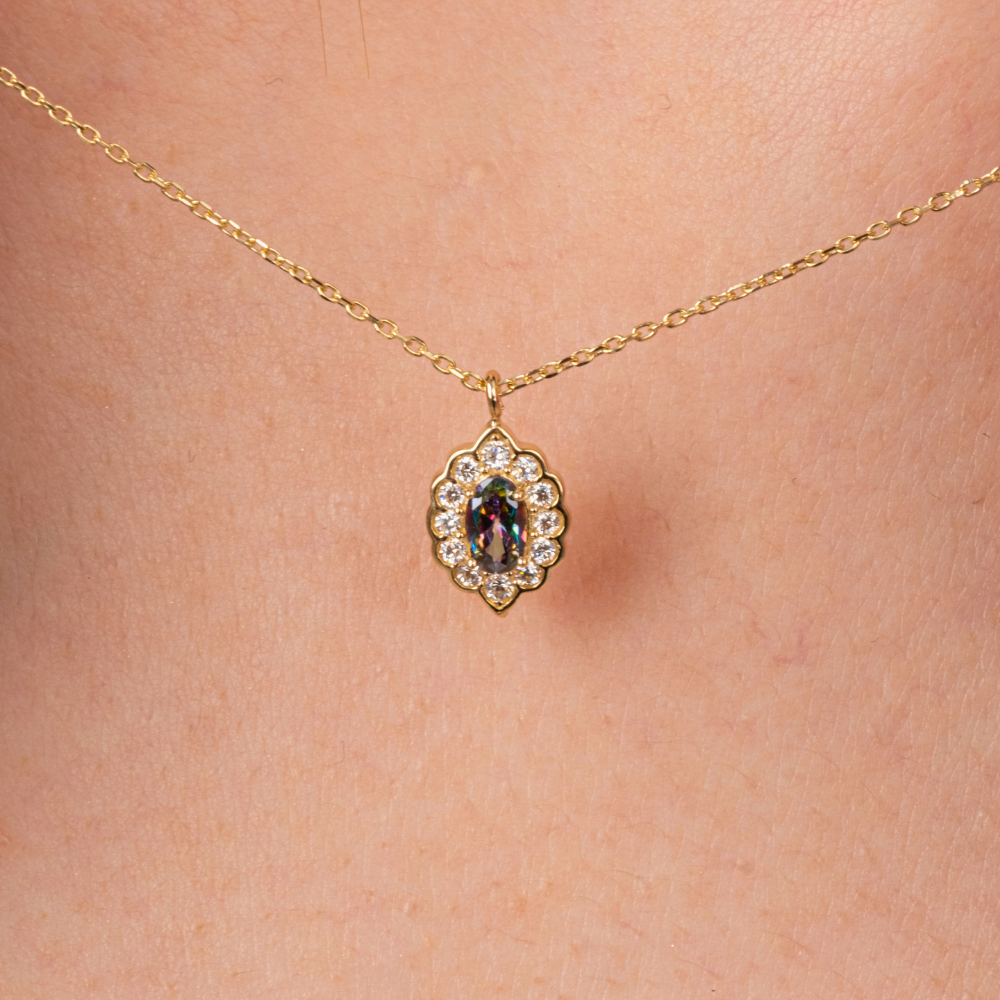 FasekGoldKOLYELEROval Mistik Topaz Taşlı Yanları Zirkon Taşla Süslenmiş Modern Tasarım 14 Ayar Altın Kolye