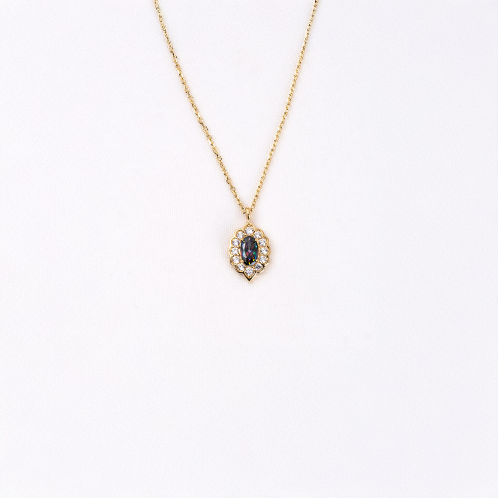 FasekGoldKOLYELEROval Mistik Topaz Taşlı Yanları Zirkon Taşla Süslenmiş Modern Tasarım 14 Ayar Altın Kolye