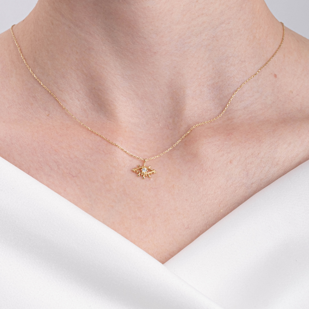 FasekGoldKOLYELERPırlanta Möntürü (Signity Swarovski) Taşlı Göz Tasarım 14 Ayar Altın Kolye-Minimal Göz Altın Kolye