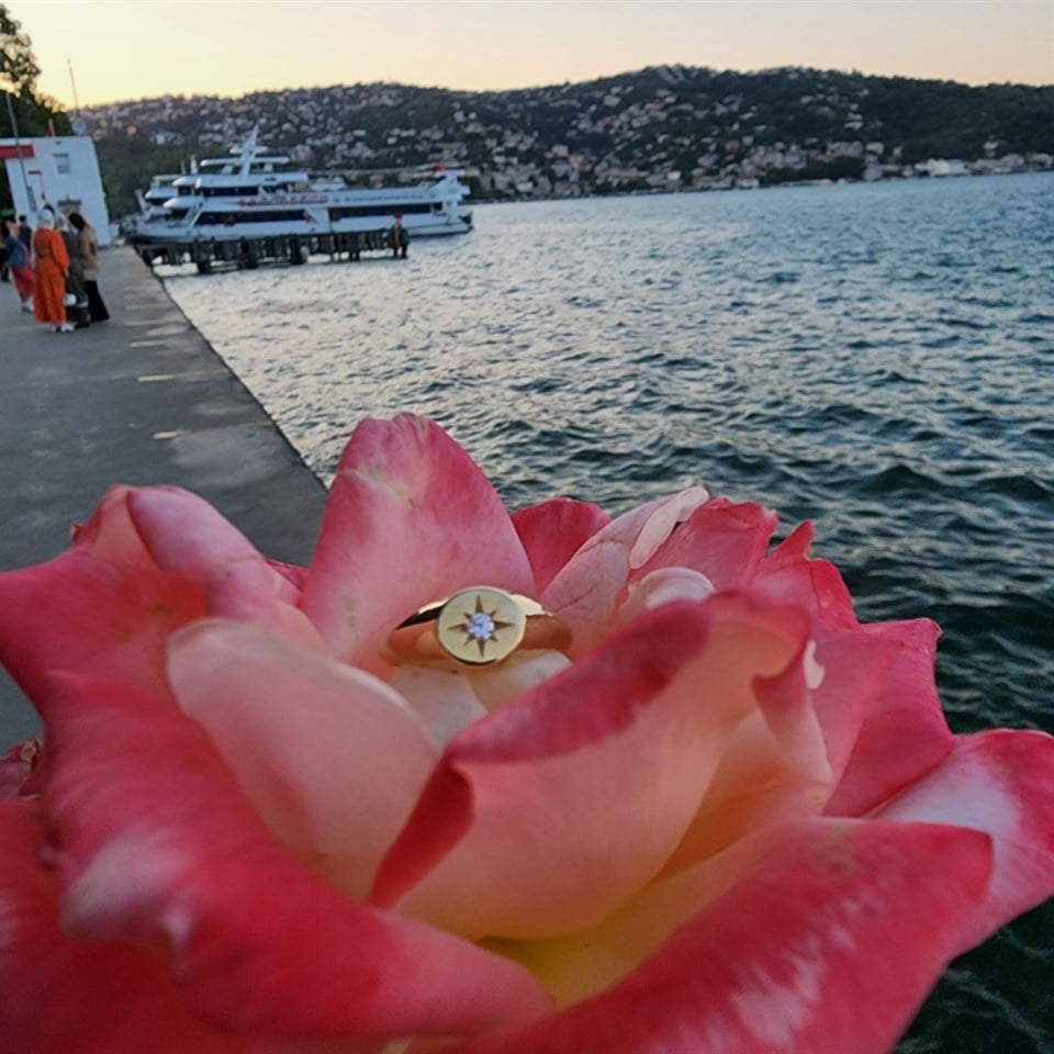 Huma GoldGÜMÜŞSignity(Swarovski)Taşlı Şimal Yıldızı Yuvarlak Mühür 925 Ayar Yüzük-Yıldızlı Hediye Gümüş Yüzük