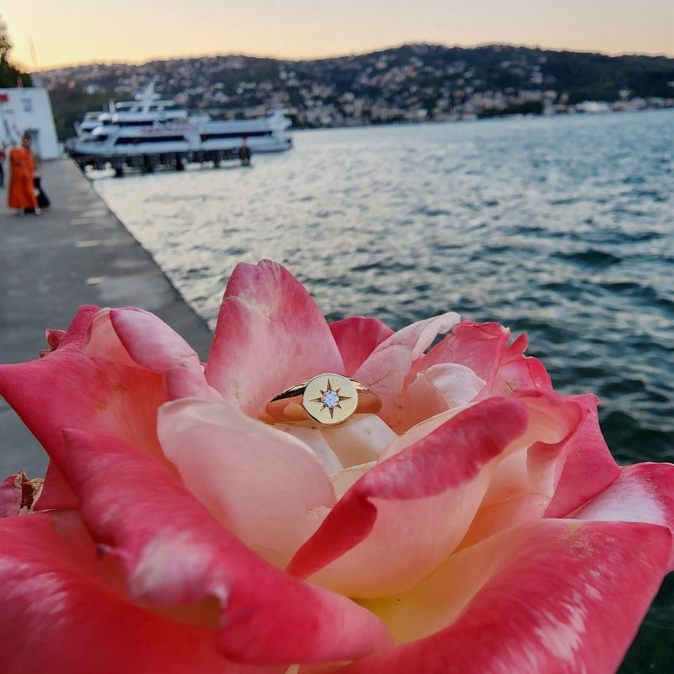 Huma GoldGÜMÜŞSignity(Swarovski)Taşlı Şimal Yıldızı Yuvarlak Mühür 925 Ayar Yüzük-Yıldızlı Hediye Gümüş Yüzük