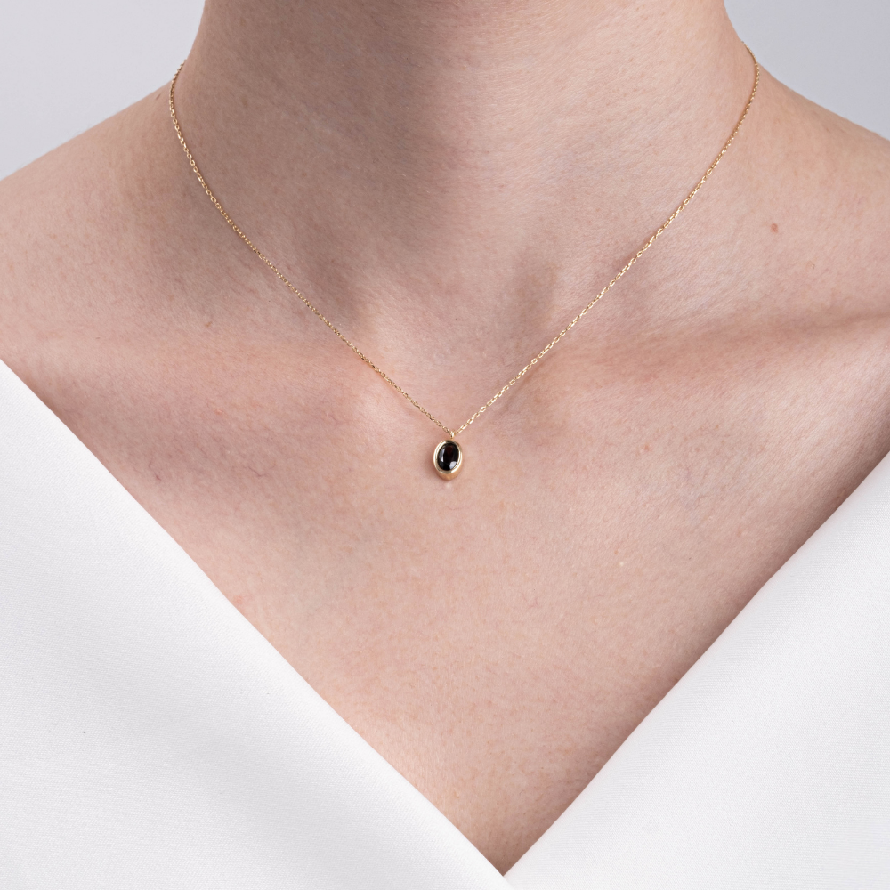 FasekGoldKOLYELERSmoky Taşlı Oval Çerçeveli Sade Minimal Tasarım Tarz 14 Ayar Altın Kolye 