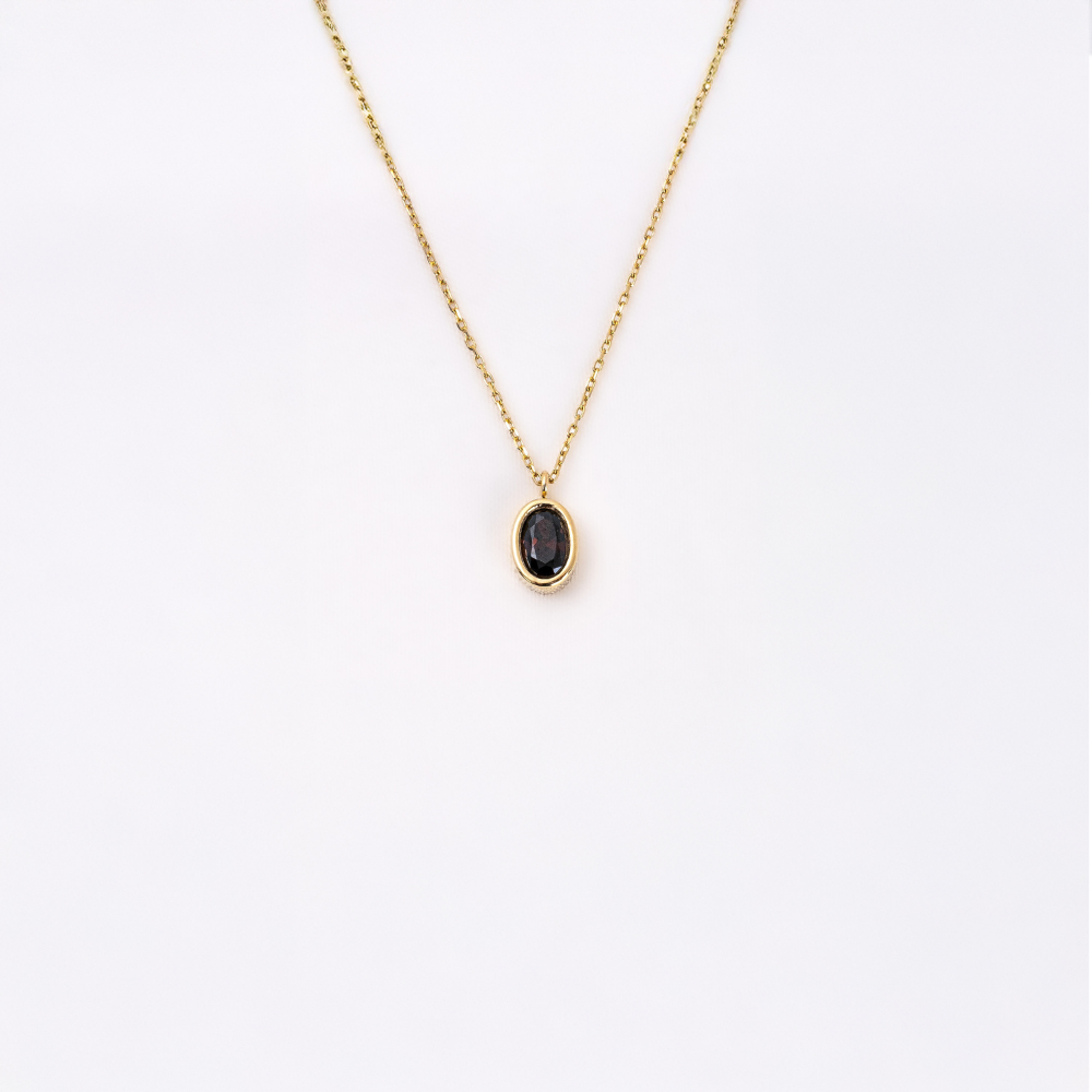 FasekGoldKOLYELERSmoky Taşlı Oval Çerçeveli Sade Minimal Tasarım Tarz 14 Ayar Altın Kolye 