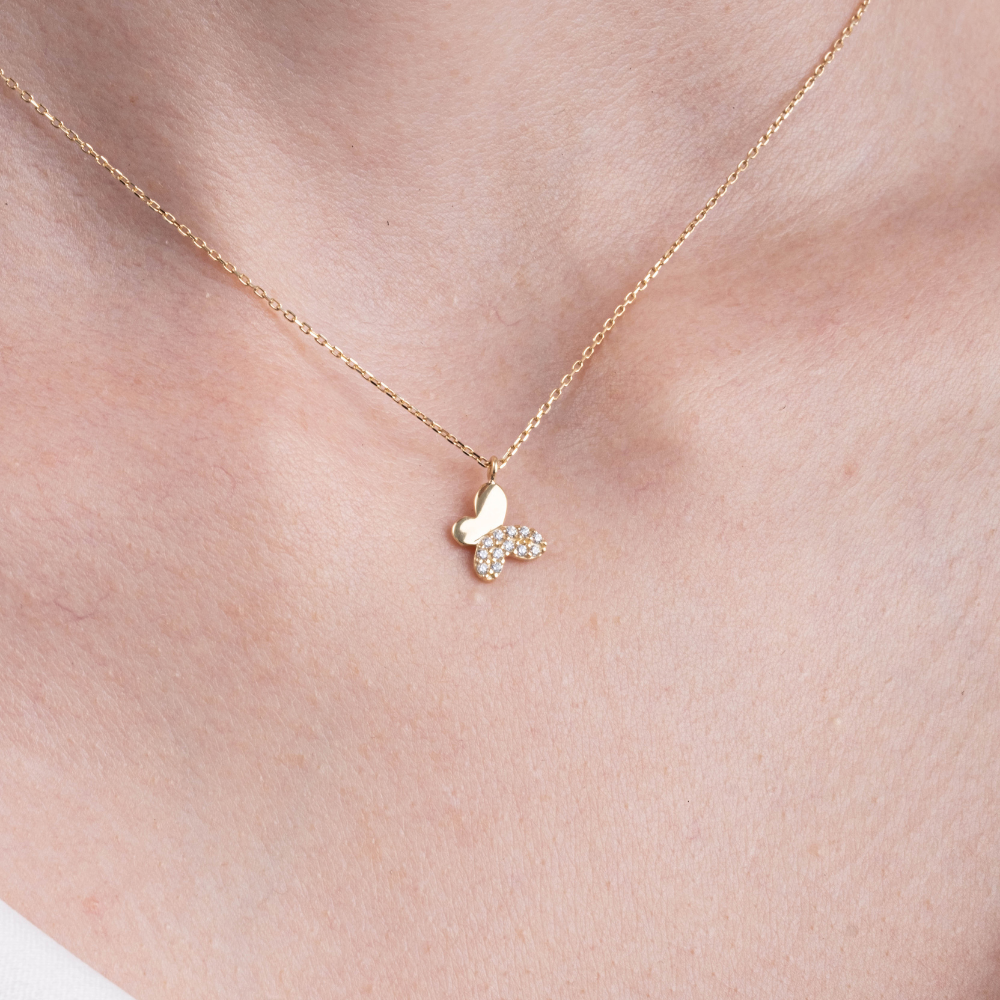 Huma GoldKOLYELERTaşlı Mini Kelebek 14 Ayar Altın Kolye