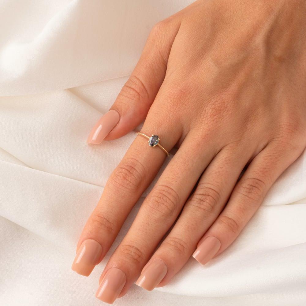 FasekGoldYÜZÜKLERTektaş Altın Yüzük - 14 Ayar Altın 0.90 Karat Oval Mistik Topaz Taşlı Yüzük - Tek Taş Altın Yüzük