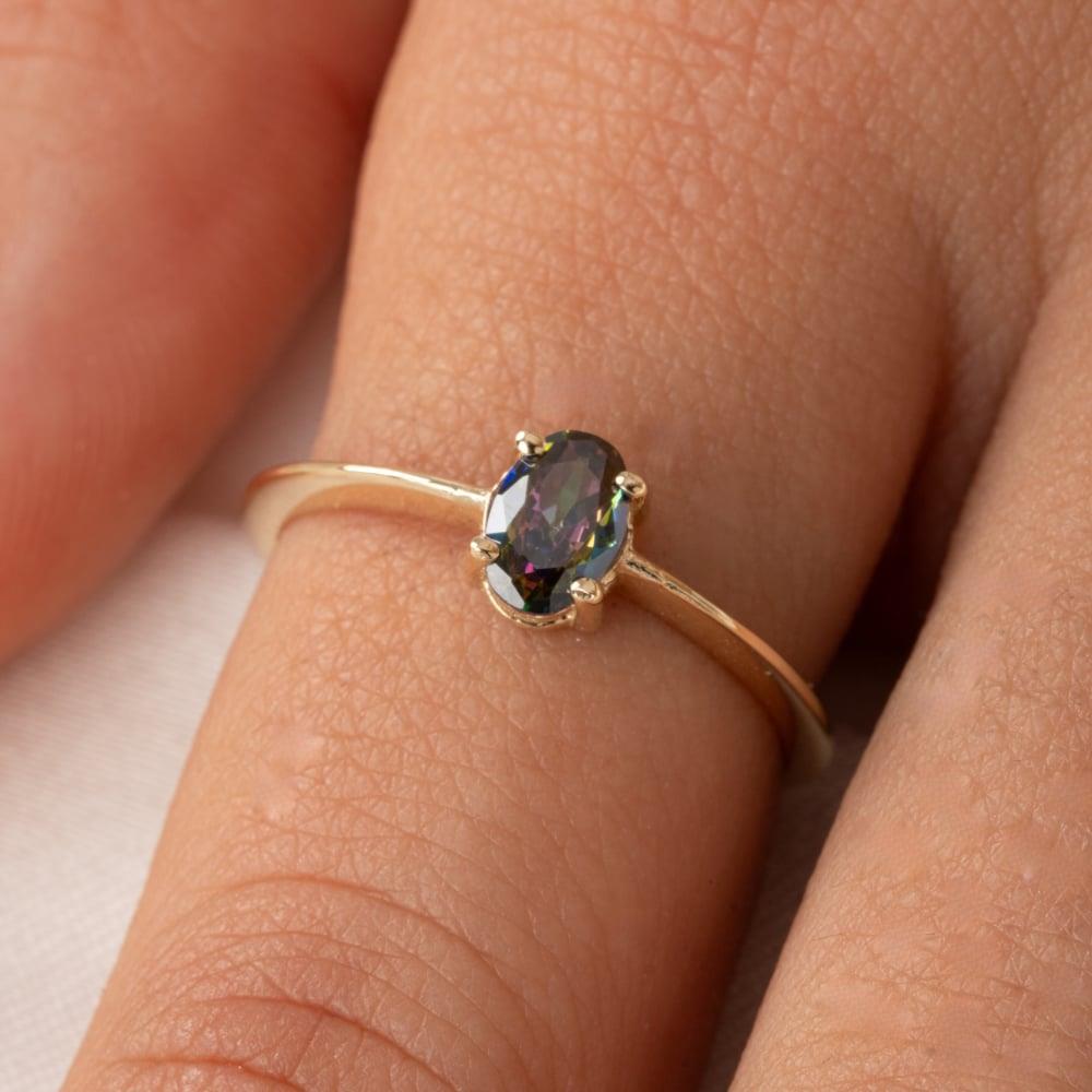 FasekGoldYÜZÜKLERTektaş Altın Yüzük - 14 Ayar Altın 0.90 Karat Oval Mistik Topaz Taşlı Yüzük - Tek Taş Altın Yüzük