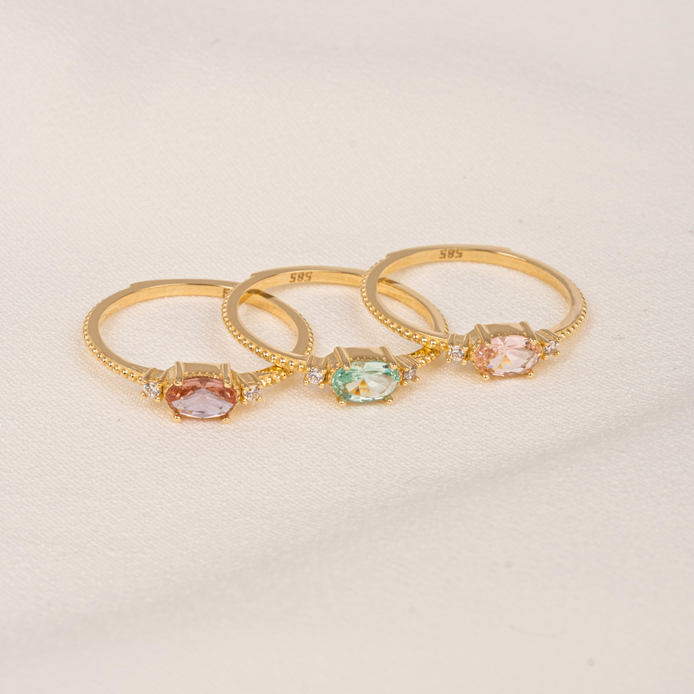 FasekGoldYÜZÜKLERTria Altın Yüzük - 14 Ayar Altın Oval Topaz Taşlı Yüzük - Hediyelik, Anneler Gününe Özel Yüzük