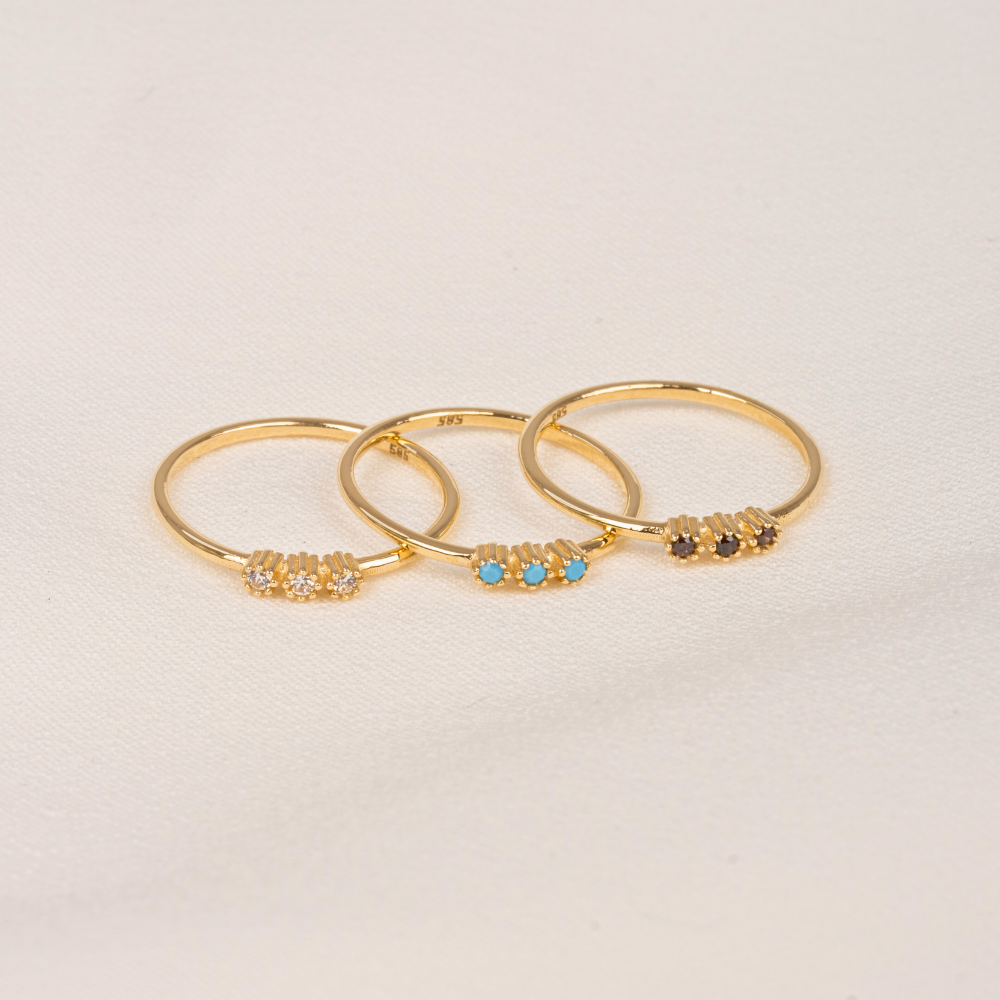 FasekGoldYÜZÜKLERTria Altın Yüzük - 14 Ayar Altın Tria Swarovski Taşlı Minimal Kadın Yüzük - Hediyelik Yüzük