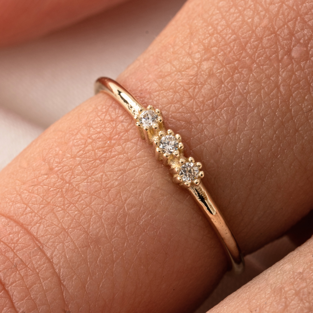 FasekGoldYÜZÜKLERTria Altın Yüzük - 14 Ayar Altın Tria Swarovski Taşlı Minimal Kadın Yüzük - Hediyelik Yüzük