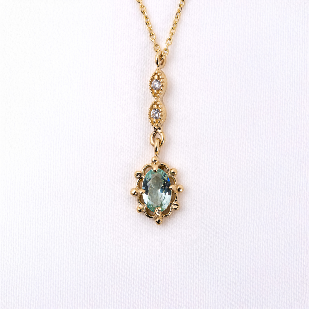 FasekGoldKOLYELERVintage Tasarım Sallantılı Oval Su Yeşili Taşlı Zirkon Taşlarla Süslenmiş 14 Ayar Altın Yüzük