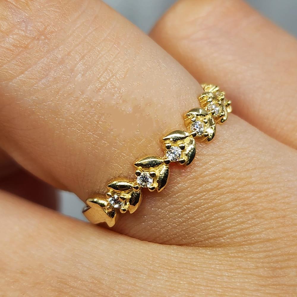 FasekGoldYÜZÜKLERYarım Tur Altın Yüzük - 14 Ayar Altın Sıralı Swarovski Taşlı Minimal Yüzük - Yaprak Altın Yüzük