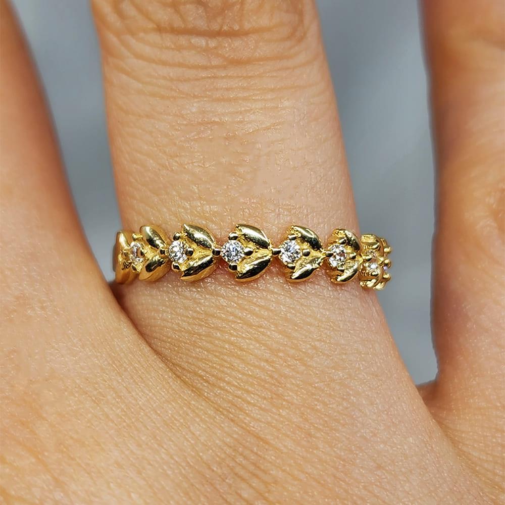 FasekGoldYÜZÜKLERYarım Tur Altın Yüzük - 14 Ayar Altın Sıralı Swarovski Taşlı Minimal Yüzük - Yaprak Altın Yüzük