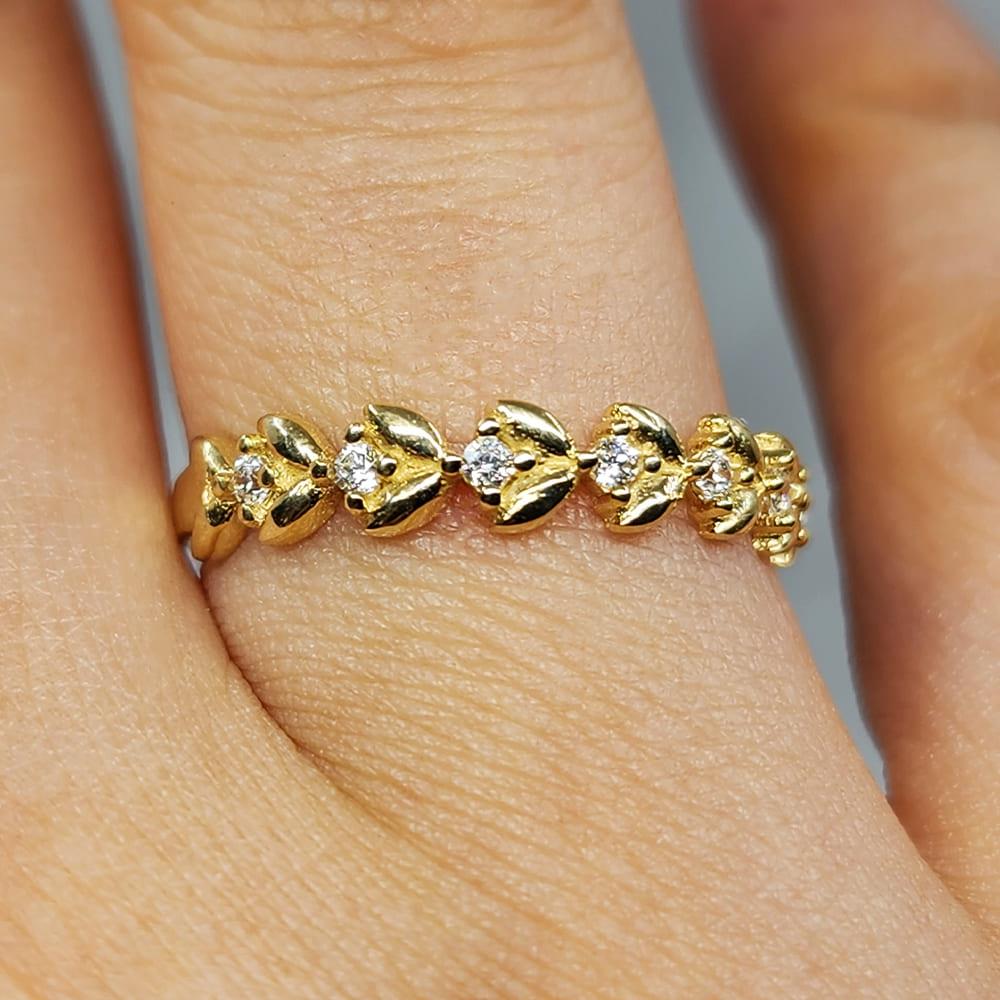 FasekGoldYÜZÜKLERYarım Tur Altın Yüzük - 14 Ayar Altın Sıralı Swarovski Taşlı Minimal Yüzük - Yaprak Altın Yüzük