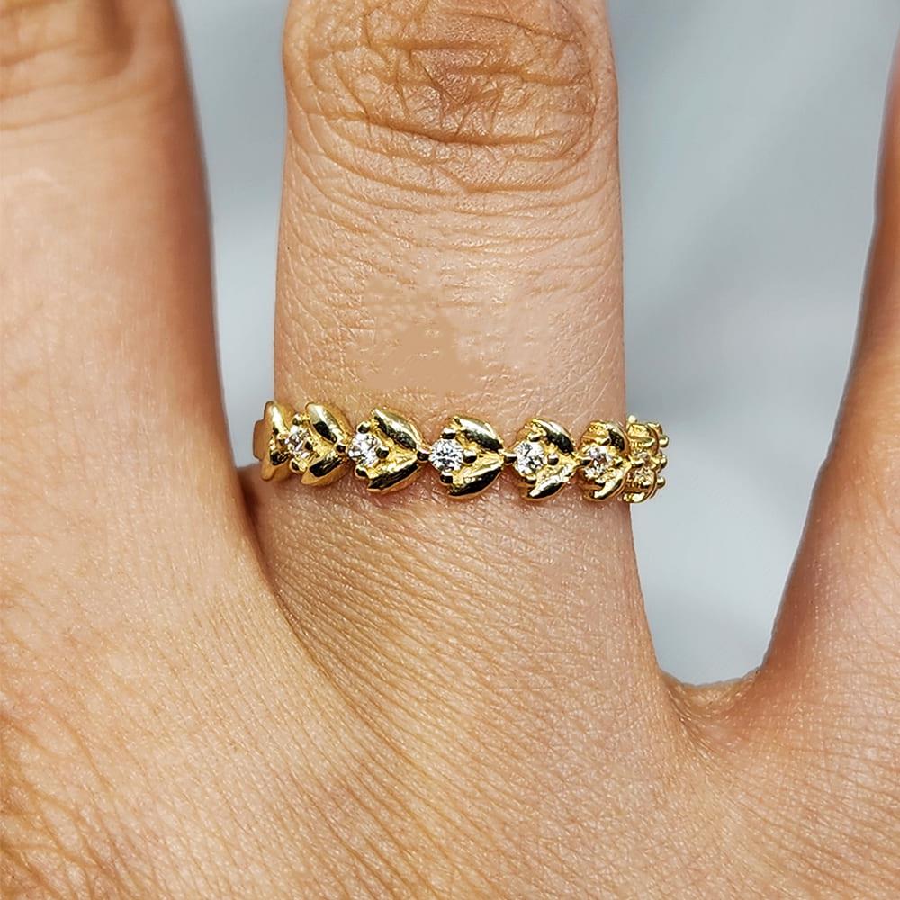 FasekGoldYÜZÜKLERYarım Tur Altın Yüzük - 14 Ayar Altın Sıralı Swarovski Taşlı Minimal Yüzük - Yaprak Altın Yüzük