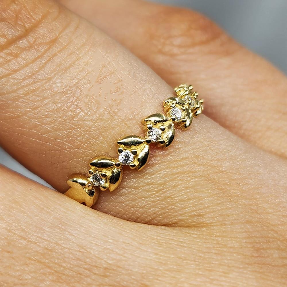 FasekGoldYÜZÜKLERYarım Tur Altın Yüzük - 14 Ayar Altın Sıralı Swarovski Taşlı Minimal Yüzük - Yaprak Altın Yüzük