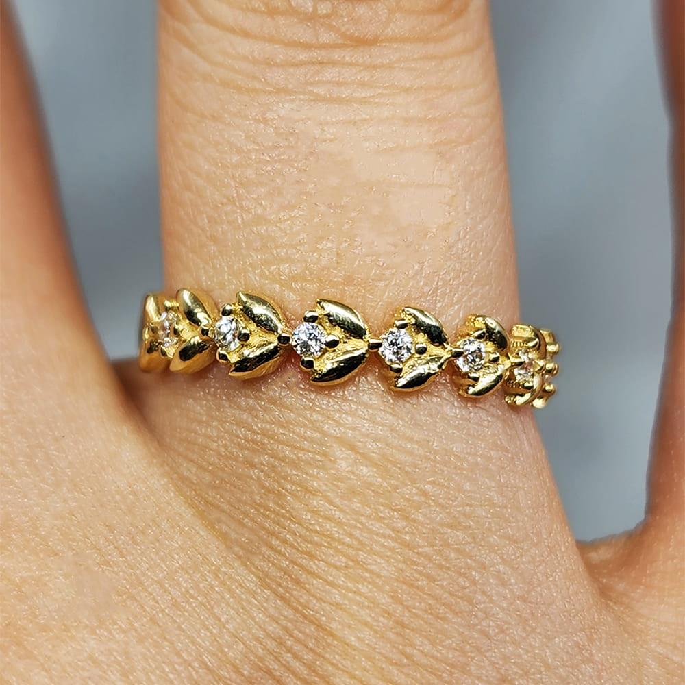 FasekGoldYÜZÜKLERYarım Tur Altın Yüzük - 14 Ayar Altın Sıralı Swarovski Taşlı Minimal Yüzük - Yaprak Altın Yüzük