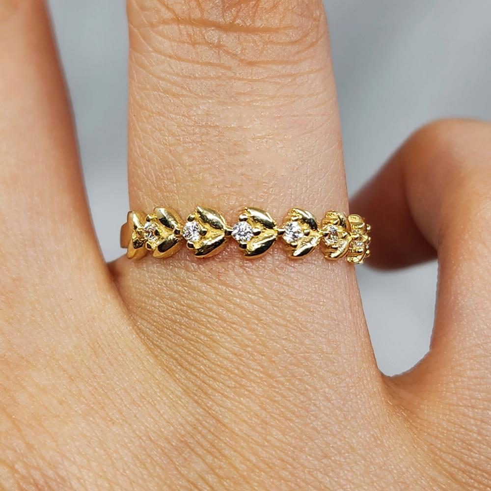 FasekGoldYÜZÜKLERYarım Tur Altın Yüzük - 14 Ayar Altın Sıralı Swarovski Taşlı Minimal Yüzük - Yaprak Altın Yüzük