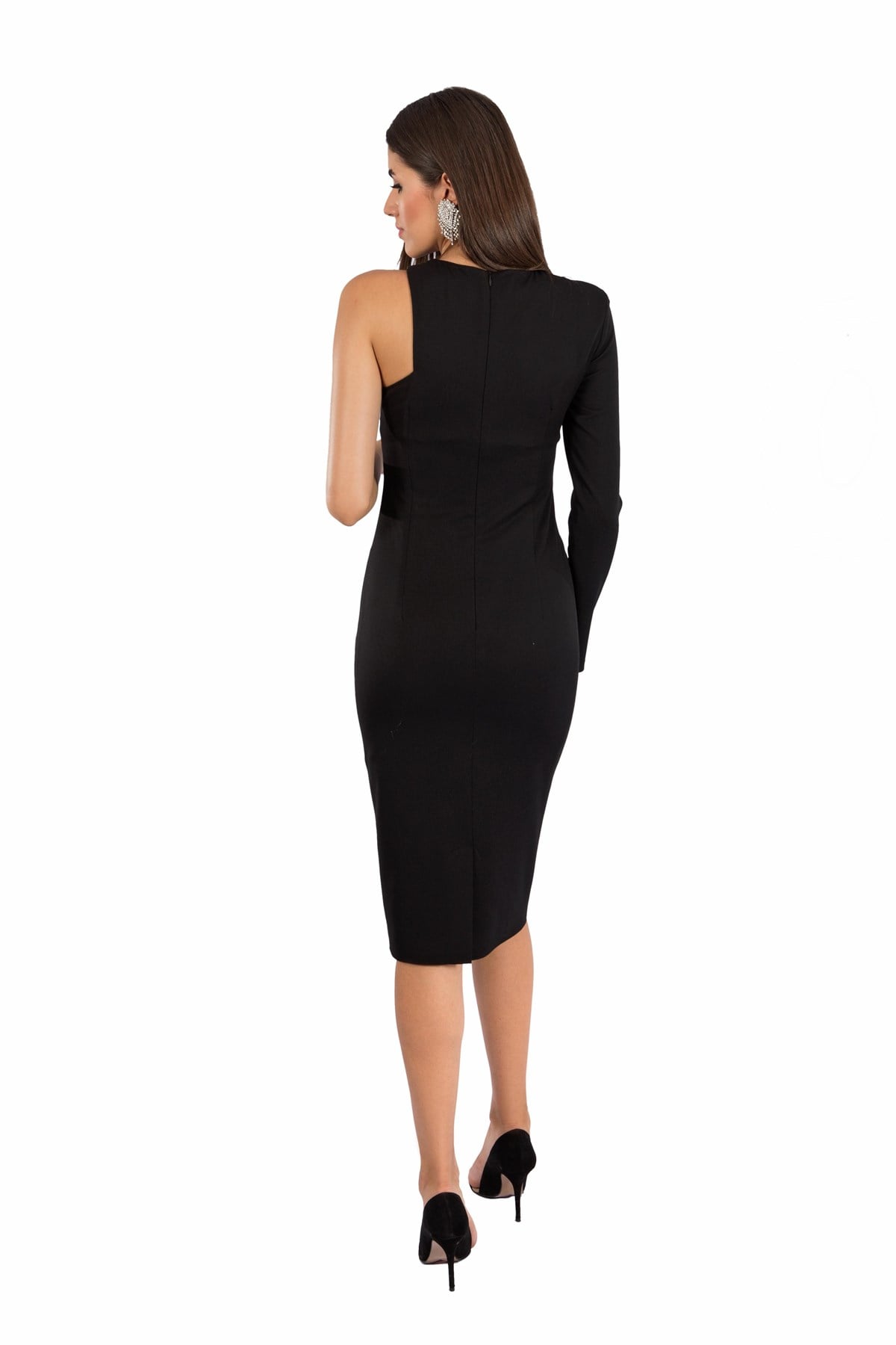 Elegant Elbise, elbise, siyah elbise, düz elbise, midi elbise, tek omuz elbise