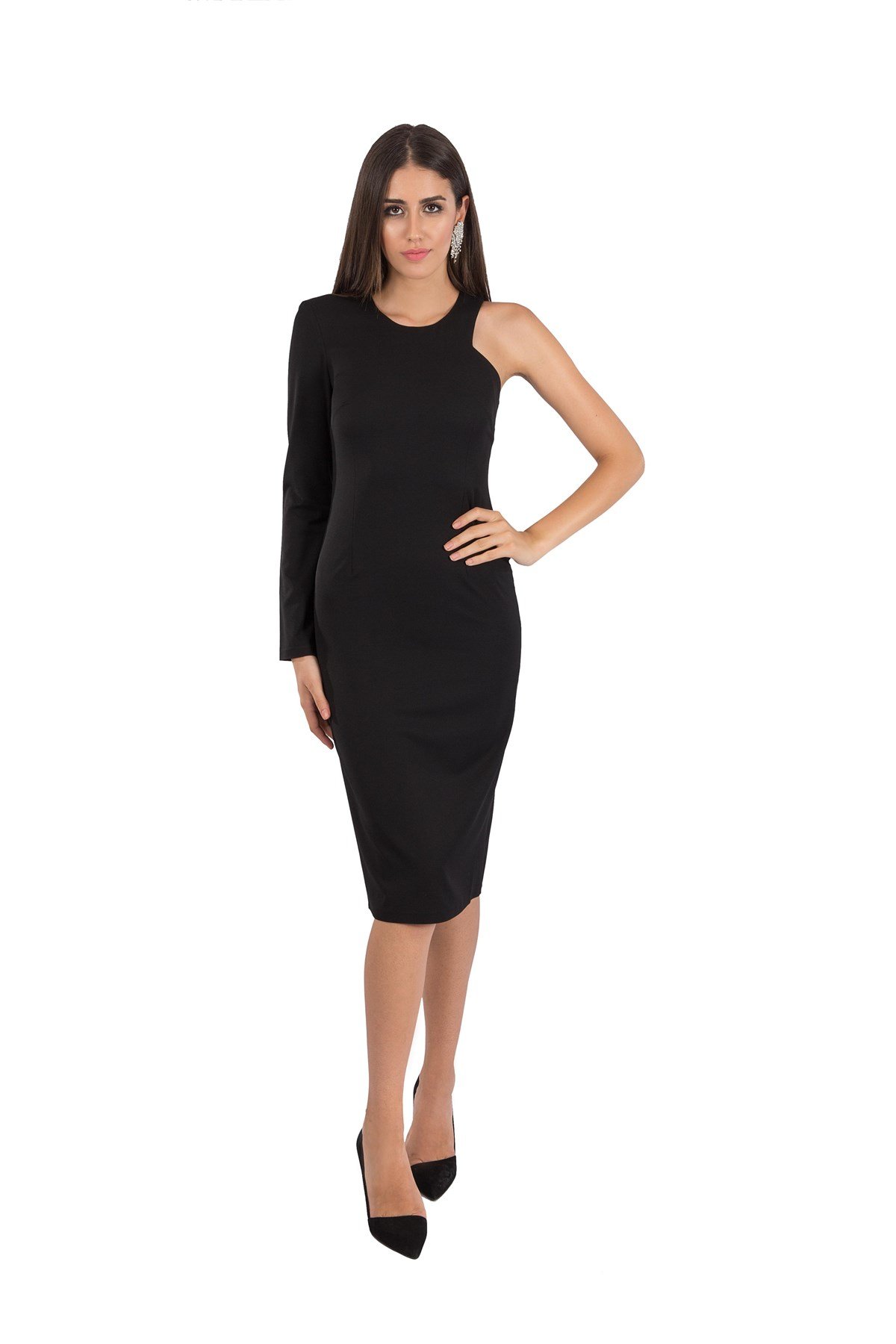 Elegant Elbise, elbise, siyah elbise, düz elbise, midi elbise, tek omuz elbise
