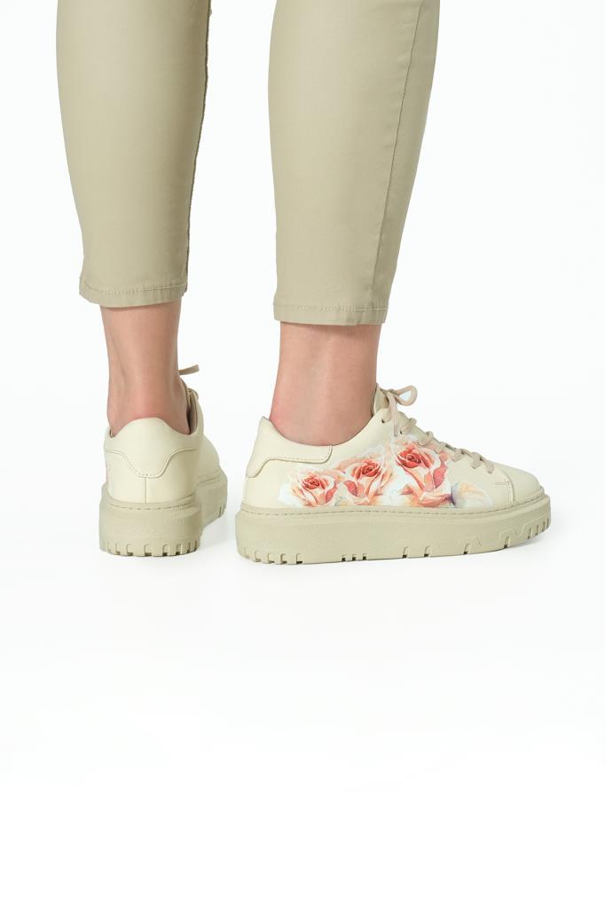 Bej Gerçek Hakiki Deri Tasarım Kadın Spor Ayakkabı