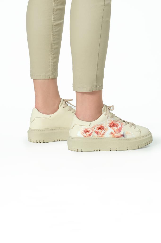 Bej Gerçek Hakiki Deri Tasarım Kadın Spor Ayakkabı