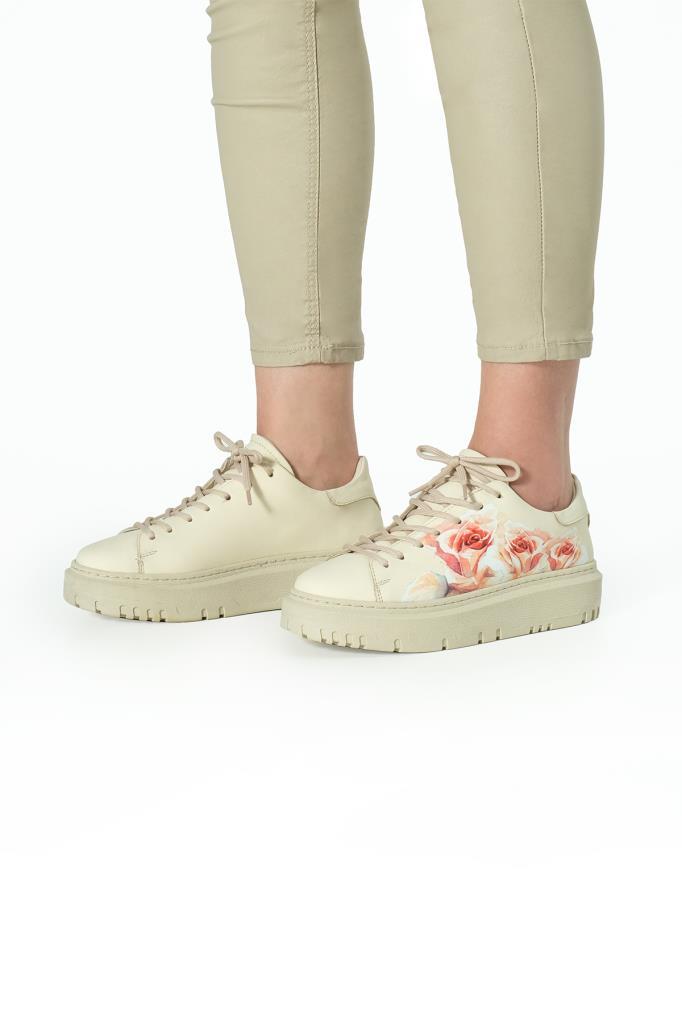 Bej Gerçek Hakiki Deri Tasarım Kadın Spor Ayakkabı