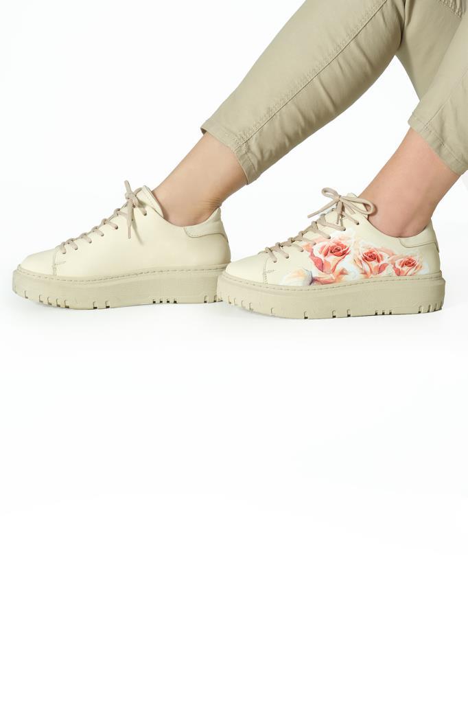 Bej Gerçek Hakiki Deri Tasarım Kadın Spor Ayakkabı