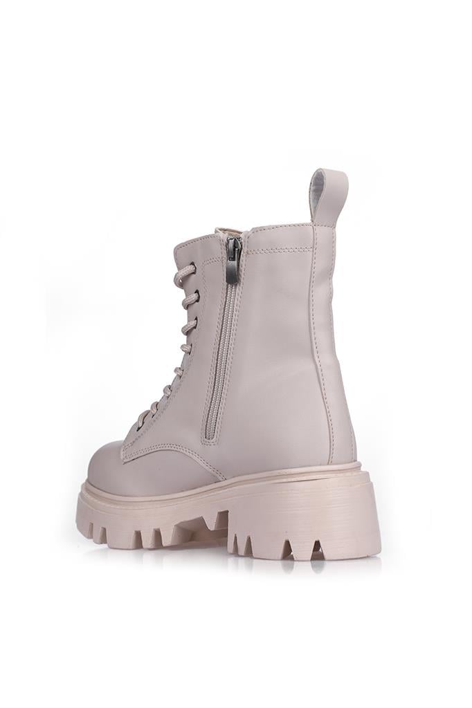 Fermuarlı Bağcıklı Bej Kalın Taban Kadın Bot