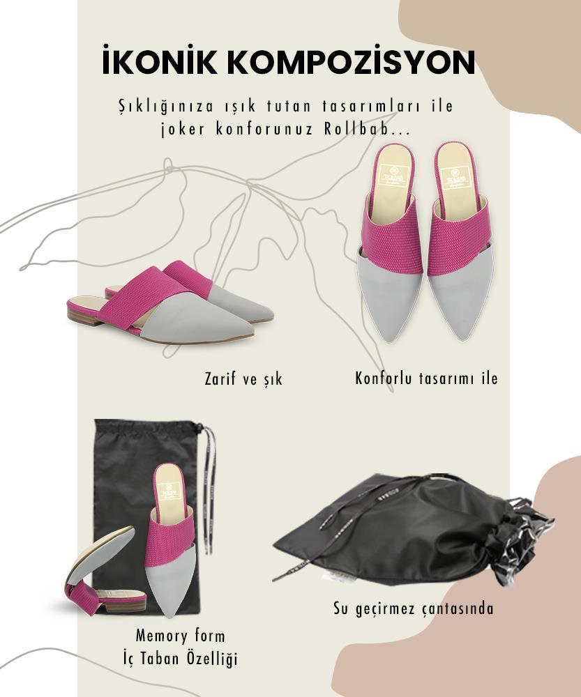 Rollbab Cross Gri Fuşya Çapraz Kadın Terlik