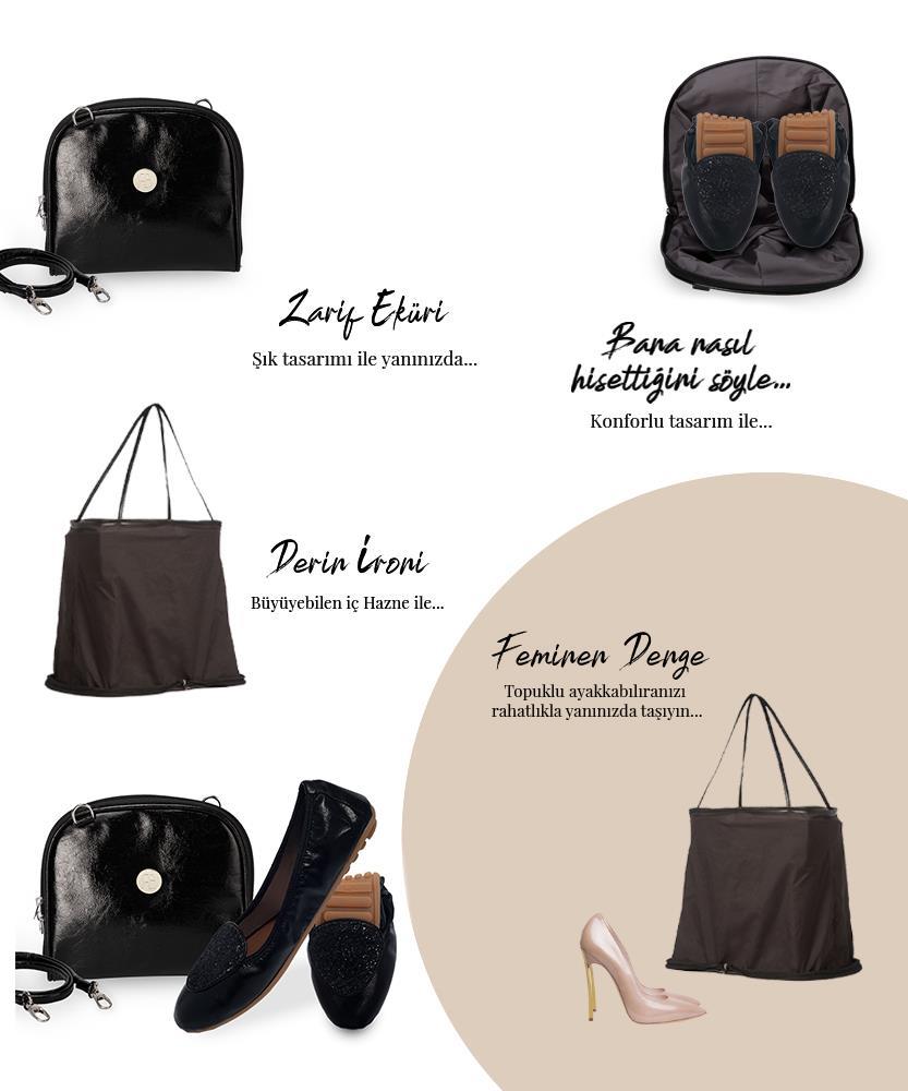 Rollbab Elegance Siyah Kristal Kadın Katlanabilir Babet Ayakkabı Çanta Set