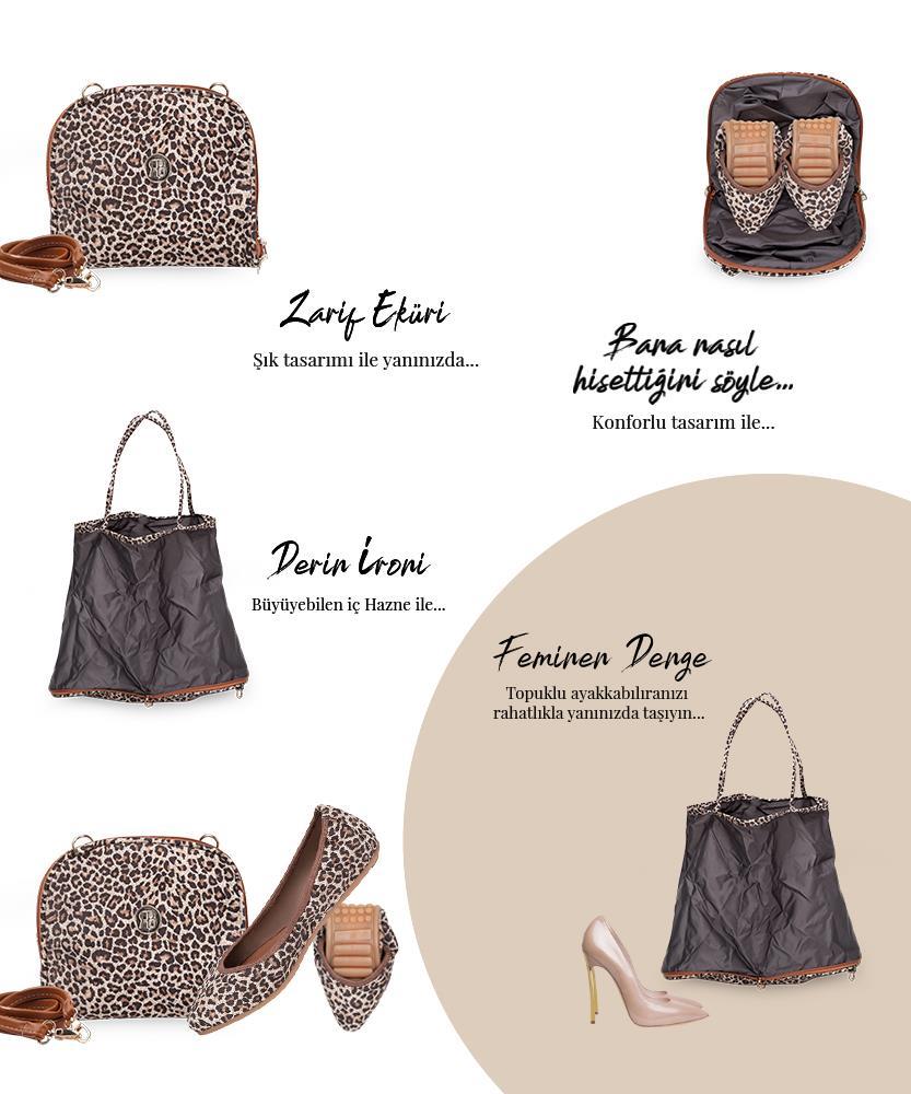 Rollbab Hera Leopar Kadın Katlanabilir Babet Ayakkabı Çanta Set