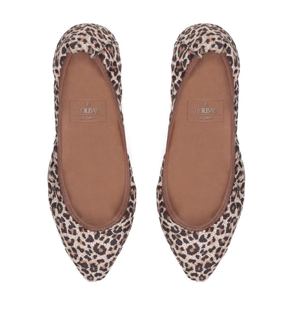 Rollbab Hera Leopar Kadın Katlanabilir Babet Ayakkabı Çanta Set