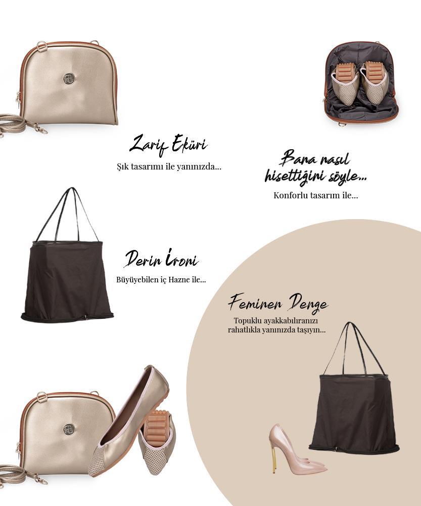 Rollbab Venus Bronz Kadın Katlanabilir Babet Ayakkabı ve Büyüyebilen Çanta Set