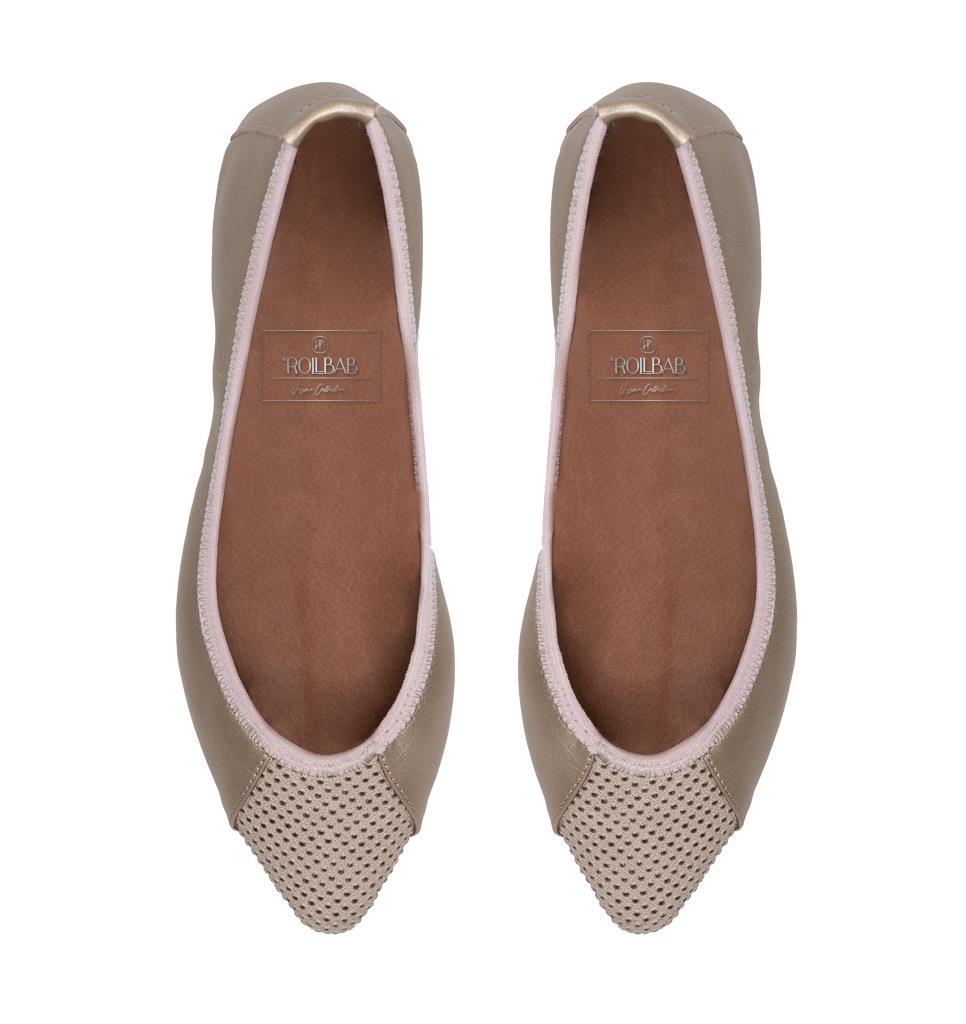 Rollbab Venus Bronz Kadın Katlanabilir Babet Ayakkabı ve Büyüyebilen Çanta Set