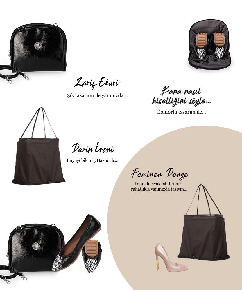 Rollbab Venus Siyah Parlak Yılan Kadın Babet Ayakkabı Çanta Set