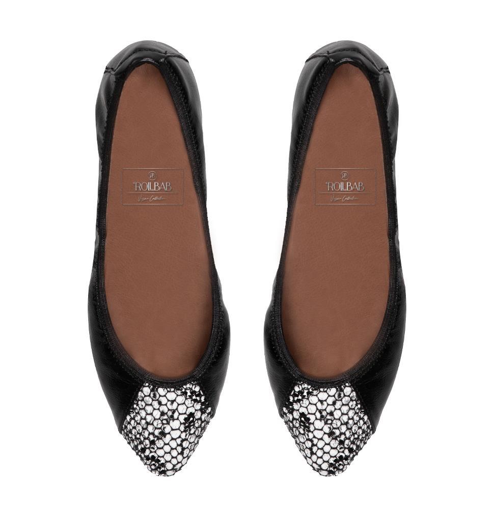 Rollbab Venus Siyah Parlak Yılan Kadın Babet Ayakkabı Çanta Set