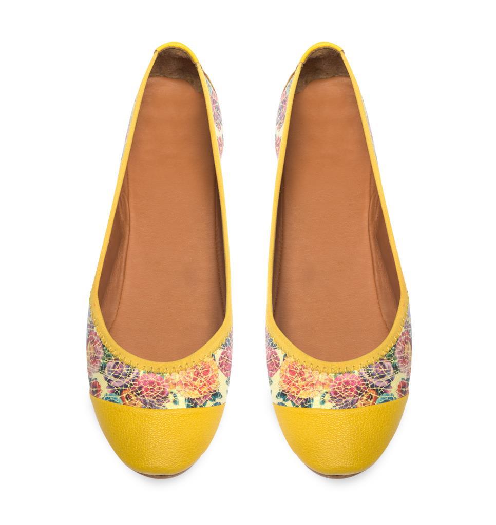 Rollbab Yellow Flowered Pinup Kadın Babet ayakkabı