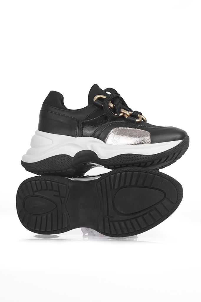 Siyah Deri Kadın Spor Ayakkabı, Sneaker.