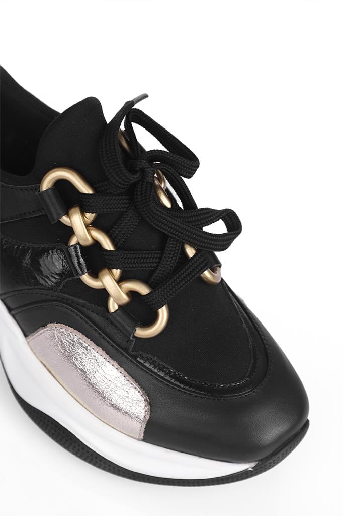 Siyah Deri Kadın Spor Ayakkabı, Sneaker.