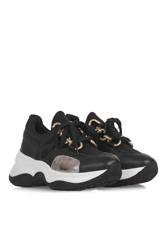 Siyah Deri Kadın Spor Ayakkabı, Sneaker.