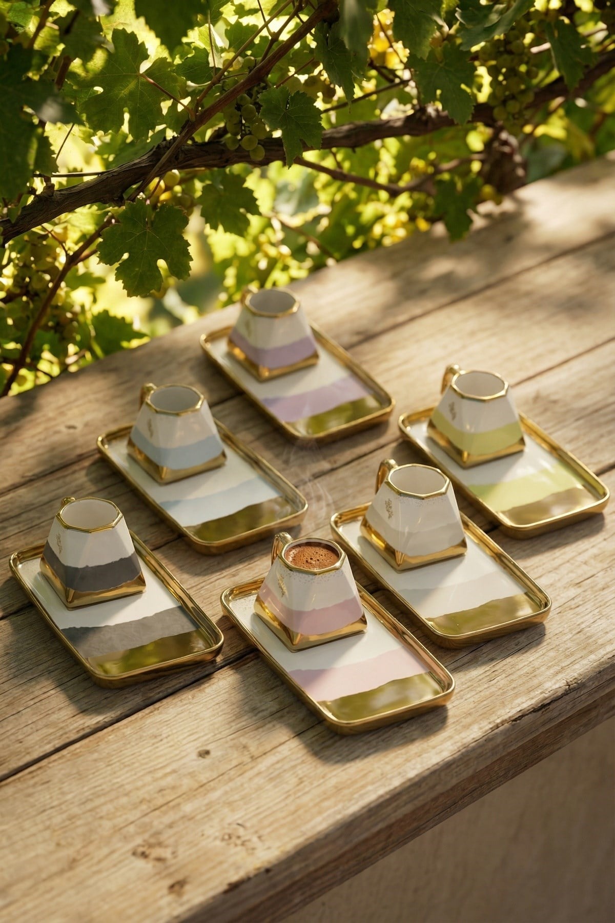 Acar Aspen Renkli Gold Yaldız Ikram Tabaklı 6 Kişilik 90 ml Porselen Kahve Fincanı Takımı 0224