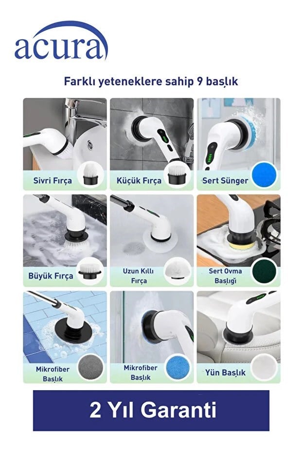 Acura AC-100 SpinScrubber 9 Başlıklı Şarjlı Temizlik Fırçası