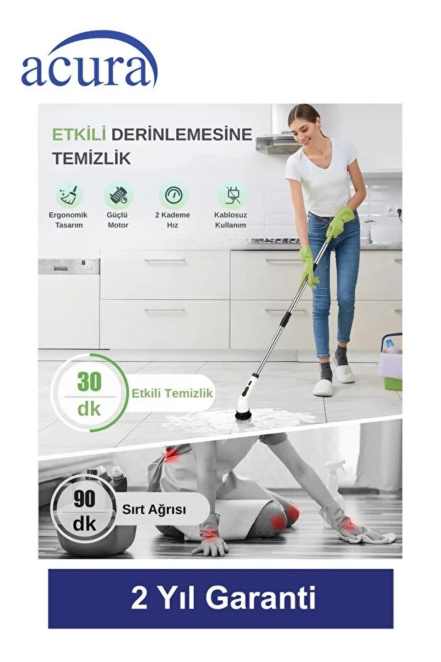 Acura AC-100 SpinScrubber 9 Başlıklı Şarjlı Temizlik Fırçası